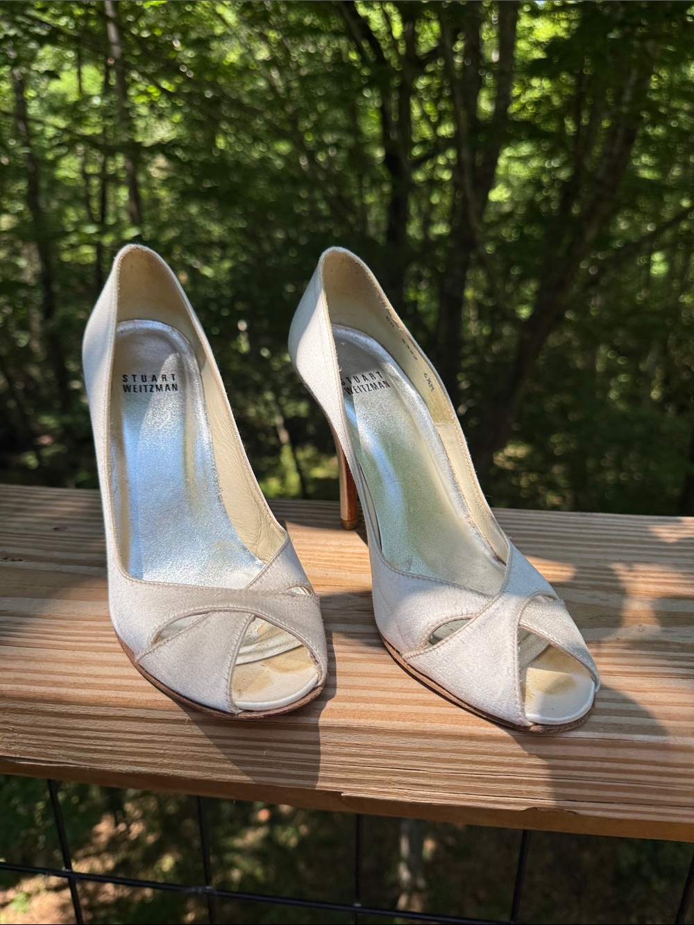 Stuart Weitzman Ivory Satin Peep-Toe Heels
